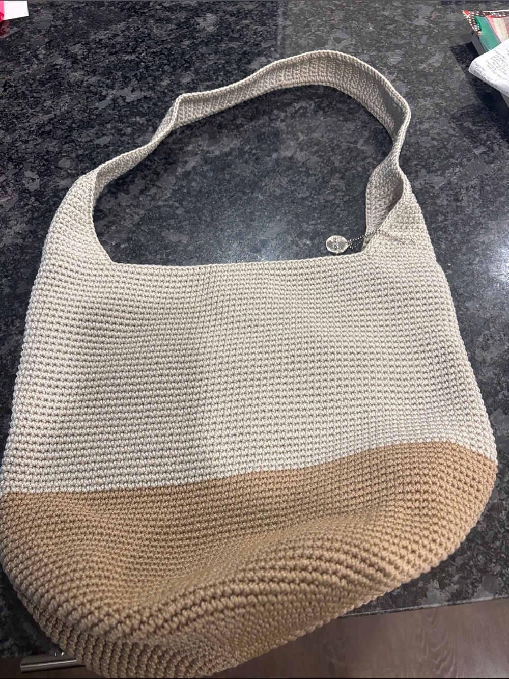 The Sac Neutral Two-Tone Crochet Shoulder Bag - Cream and Tan